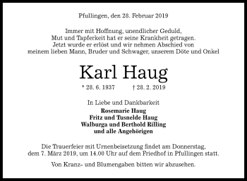 Anzeige von Karl Haug von Reutlinger General-Anzeiger