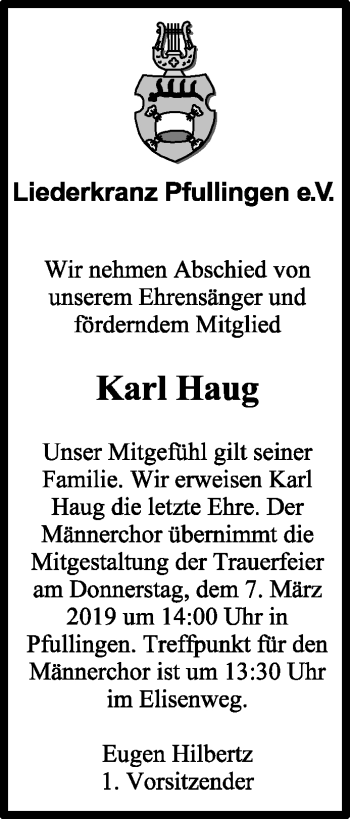 Anzeige von Karl Haug von Reutlinger General-Anzeiger