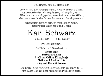 Anzeige von Karl Schwarz von Reutlinger General-Anzeiger