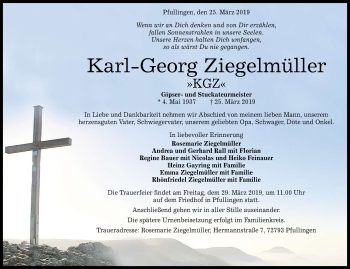 Anzeige von Karl Georg Ziegelmüller von Reutlinger General-Anzeiger