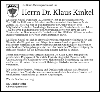 Anzeige von Klaus Kinkel von Reutlinger General-Anzeiger