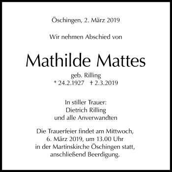 Anzeige von Mathilde Mattes von Reutlinger General-Anzeiger