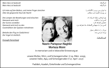 Anzeige von Nasrin Parispour-Naghibi von Reutlinger General-Anzeiger