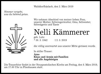 Anzeige von Nelli Kämmerer von Reutlinger General-Anzeiger