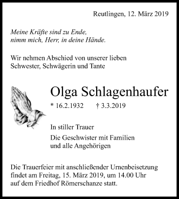 Anzeige von Olga Schlagenhaufer von Reutlinger General-Anzeiger
