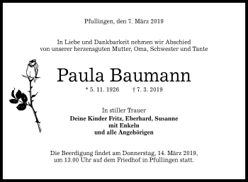Anzeige von Paula Baumann von Reutlinger General-Anzeiger
