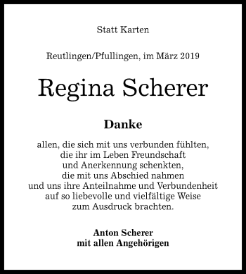 Anzeige von Regina Scherer von Reutlinger General-Anzeiger