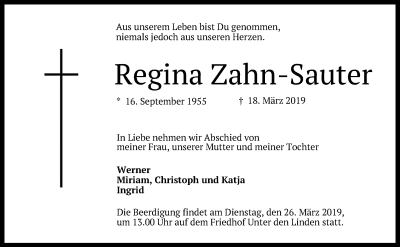  Traueranzeige für Regina Zahn-Sauter vom 22.03.2019 aus Reutlinger General-Anzeiger