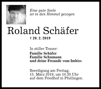 Anzeige von Roland Schäfer von Reutlinger General-Anzeiger