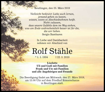 Anzeige von Rolf Stähle von Reutlinger General-Anzeiger