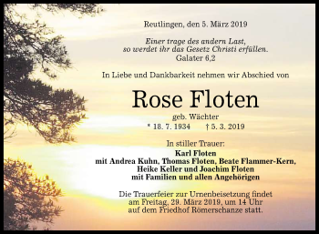 Anzeige von Rose Floten von Reutlinger General-Anzeiger
