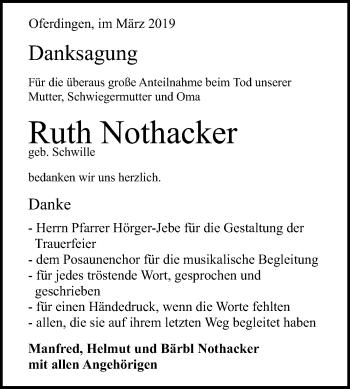 Anzeige von Ruth Nothacker von Reutlinger General-Anzeiger