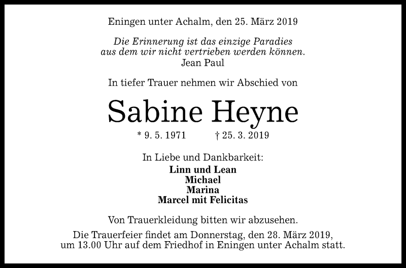  Traueranzeige für Sabine Heyne vom 26.03.2019 aus Reutlinger General-Anzeiger
