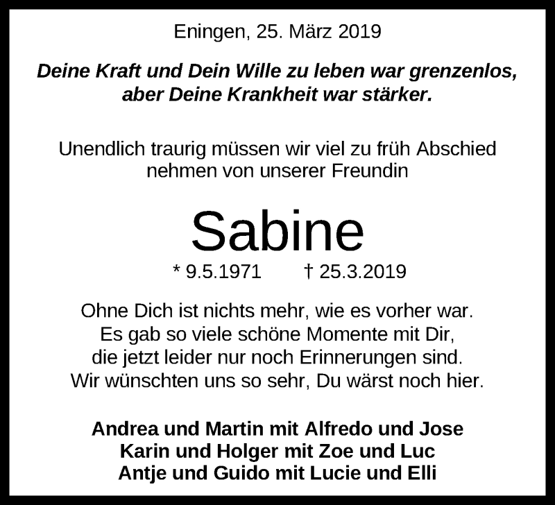  Traueranzeige für Sabine Heyne vom 28.03.2019 aus Reutlinger General-Anzeiger