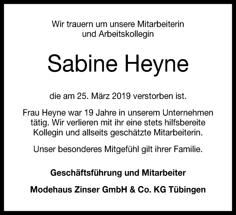  Traueranzeige für Sabine Heyne vom 30.03.2019 aus Reutlinger General-Anzeiger
