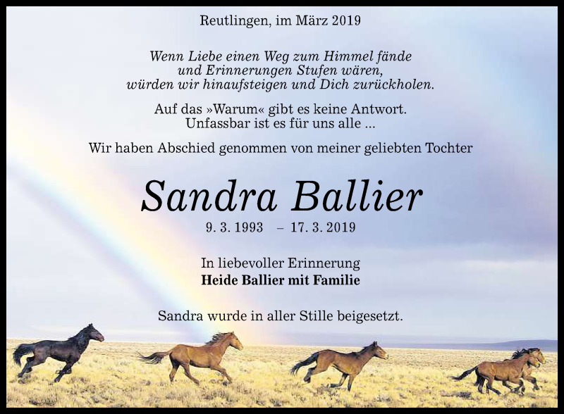  Traueranzeige für Sandra Ballier vom 30.03.2019 aus Reutlinger General-Anzeiger