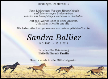 Anzeige von Sandra Ballier von Reutlinger General-Anzeiger