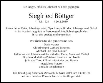 Anzeige von Siegfried Böttger von Reutlinger General-Anzeiger