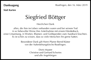 Anzeige von Siegfried Böttger von Reutlinger General-Anzeiger