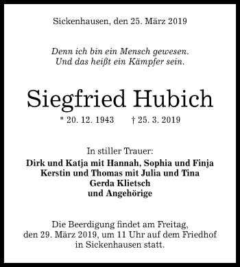 Anzeige von Siegfried Hubich von Reutlinger General-Anzeiger