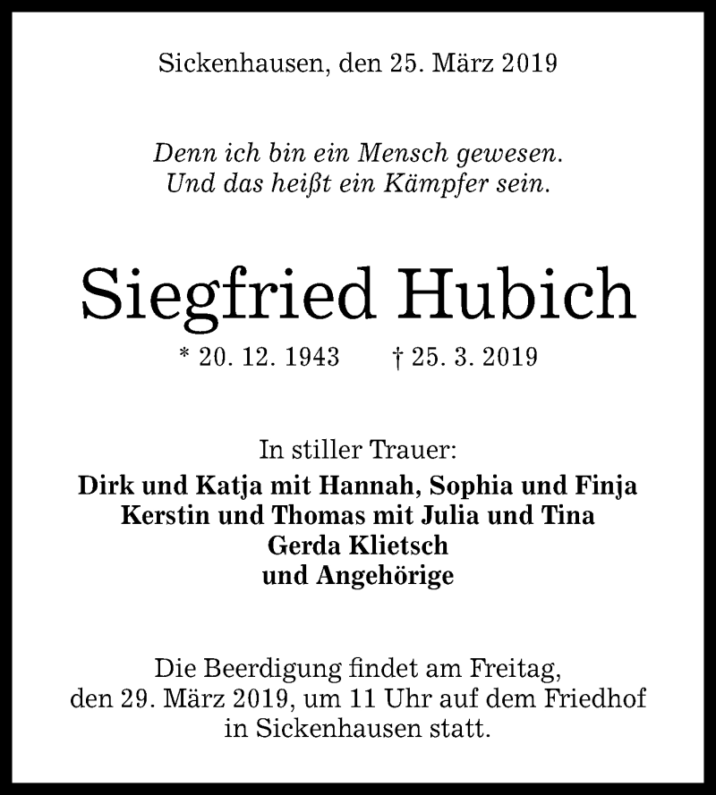  Traueranzeige für Siegfried Hubich vom 28.03.2019 aus Reutlinger General-Anzeiger