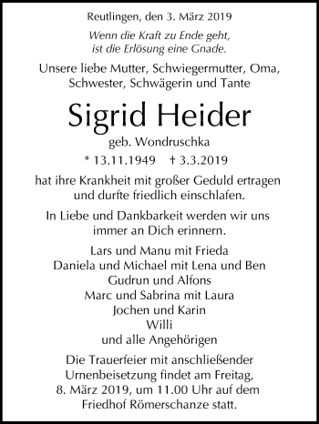 Anzeige von Sigrid Heider von Reutlinger General-Anzeiger