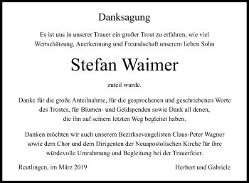 Anzeige von Stefan Waimer von Reutlinger General-Anzeiger