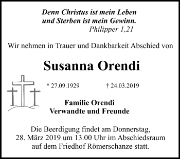 Anzeige von Susanna Orendi von Reutlinger General-Anzeiger