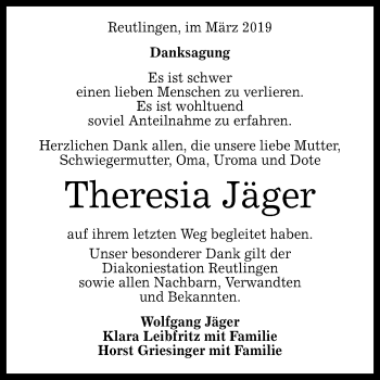 Anzeige von Theresia Jäger von Reutlinger General-Anzeiger