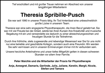 Anzeige von Theresia Spribille-Pusch von Reutlinger General-Anzeiger