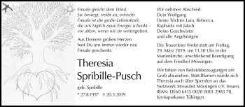 Anzeige von Theresia Spribille-Pusch von Reutlinger General-Anzeiger