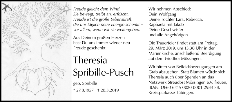  Traueranzeige für Theresia Spribille-Pusch vom 23.03.2019 aus Reutlinger General-Anzeiger