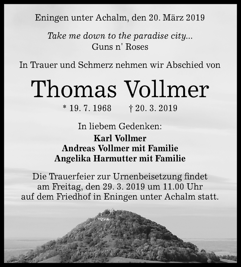  Traueranzeige für Thomas Vollmer vom 23.03.2019 aus Reutlinger General-Anzeiger