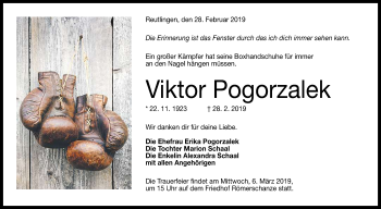 Anzeige von Viktor Pogorzalek von Reutlinger General-Anzeiger