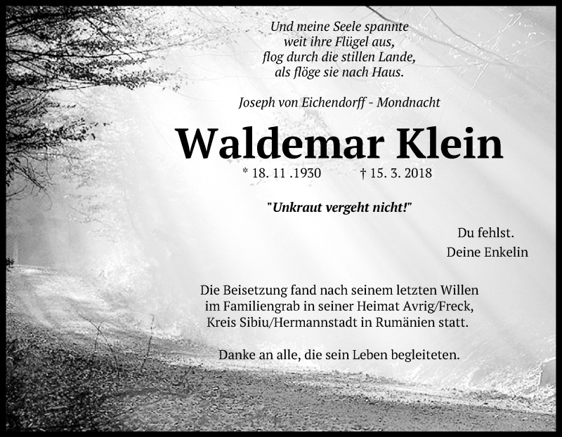  Traueranzeige für Waldemar Klein vom 15.03.2019 aus Reutlinger General-Anzeiger