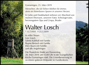 Anzeige von Walter Losch von Reutlinger General-Anzeiger