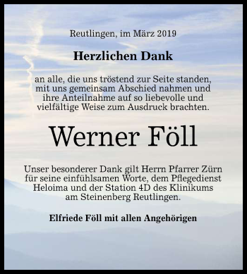 Anzeige von Werner Föll von Reutlinger General-Anzeiger