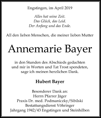 Anzeige von Annemarie Bayer von Reutlinger General-Anzeiger