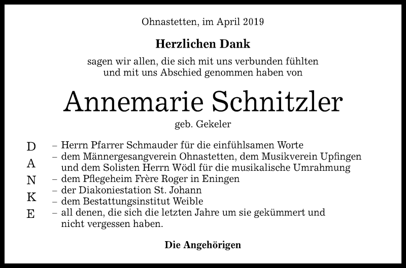  Traueranzeige für Annemarie Schnitzler vom 13.04.2019 aus Reutlinger General-Anzeiger