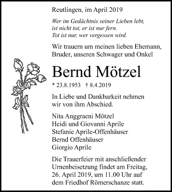 Anzeige von Bernd Mötzel von Reutlinger General-Anzeiger