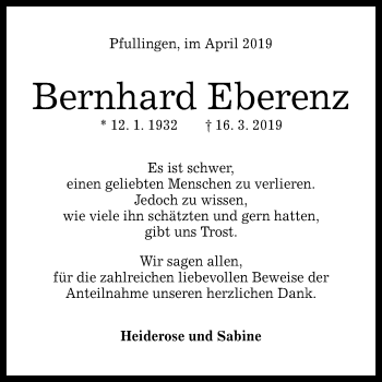 Anzeige von Bernhard Eberenz von Reutlinger General-Anzeiger