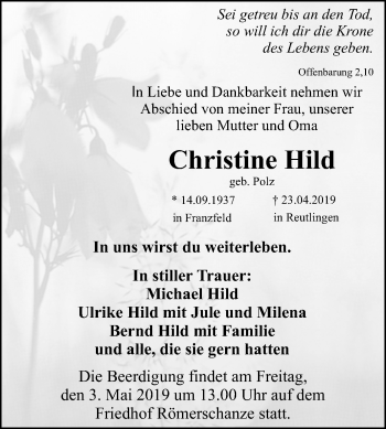 Anzeige von Christine Hild von Reutlinger General-Anzeiger