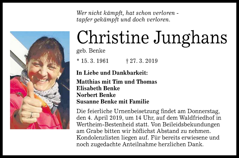  Traueranzeige für Christine Junghans vom 01.04.2019 aus Reutlinger General-Anzeiger