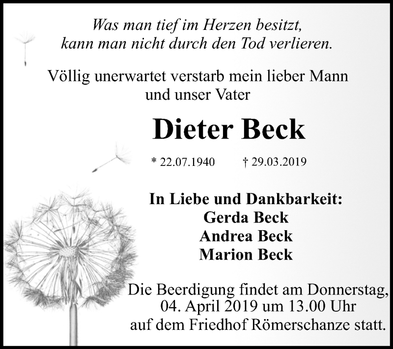  Traueranzeige für Dieter Beck vom 02.04.2019 aus Reutlinger General-Anzeiger