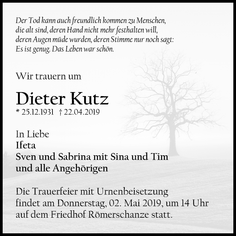  Traueranzeige für Dieter Kutz vom 27.04.2019 aus Reutlinger General-Anzeiger