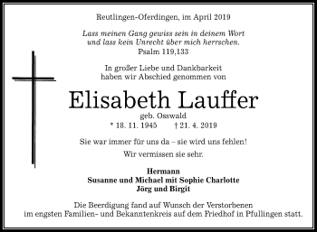 Anzeige von Elisabeth Lauffer von Reutlinger General-Anzeiger