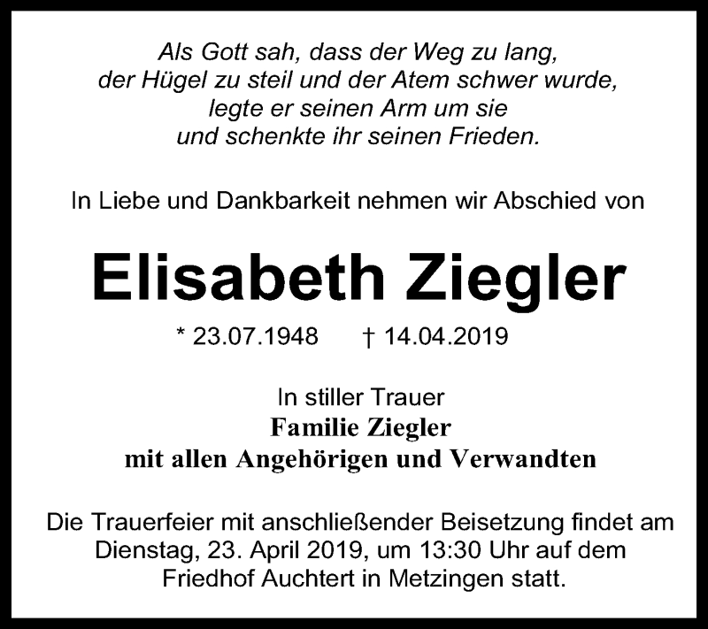  Traueranzeige für Elisabeth Ziegler vom 18.04.2019 aus Reutlinger General-Anzeiger