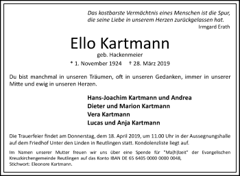 Anzeige von Ello Kartmann von Reutlinger General-Anzeiger