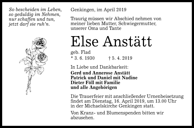  Traueranzeige für Else Anstätt vom 13.04.2019 aus Reutlinger General-Anzeiger