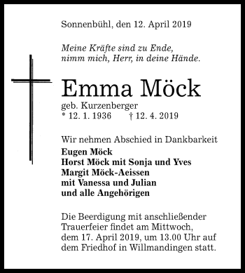 Anzeige von Emma Möck von Reutlinger General-Anzeiger